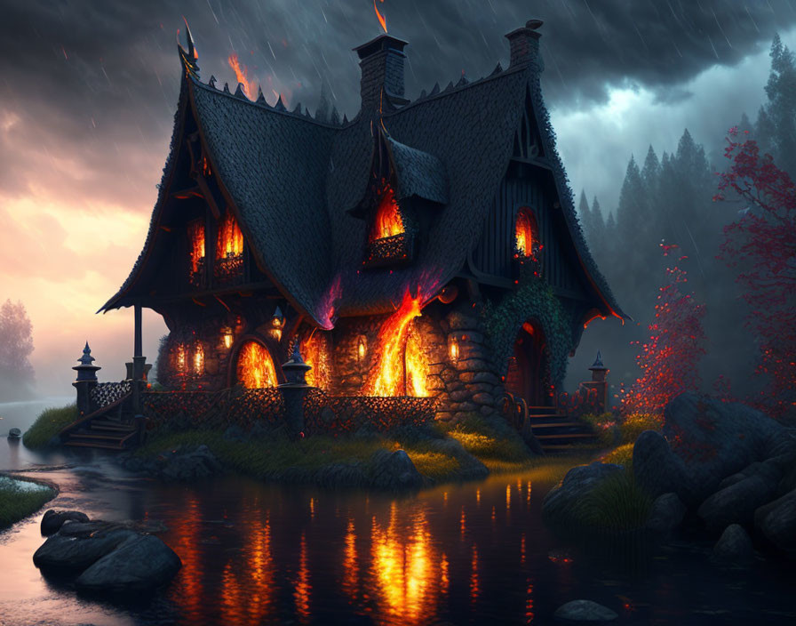 Fantasy house with glowing windows in twilight forest by lake