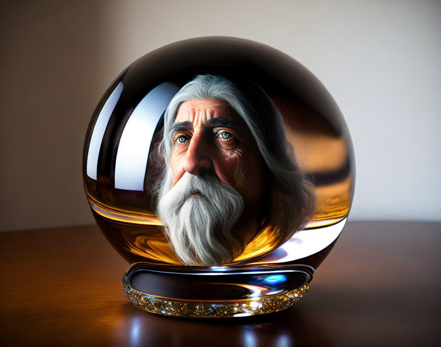 Reflective spherical orb distorts man's image on wooden surface.