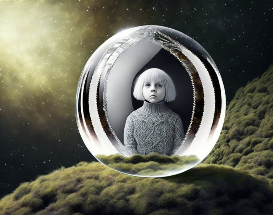 Child in transparent sphere with spiral staircases above mossy surface under starry sky