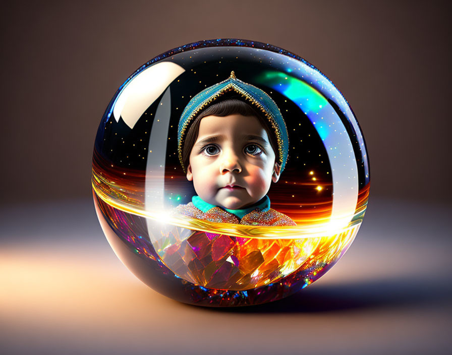 Surreal crystal ball with child's face in cosmic setting