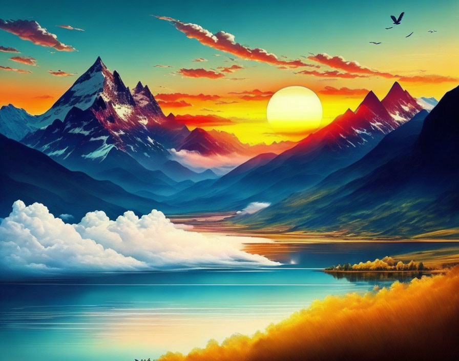 Colorful sunset behind mountains with lake and birds in flight