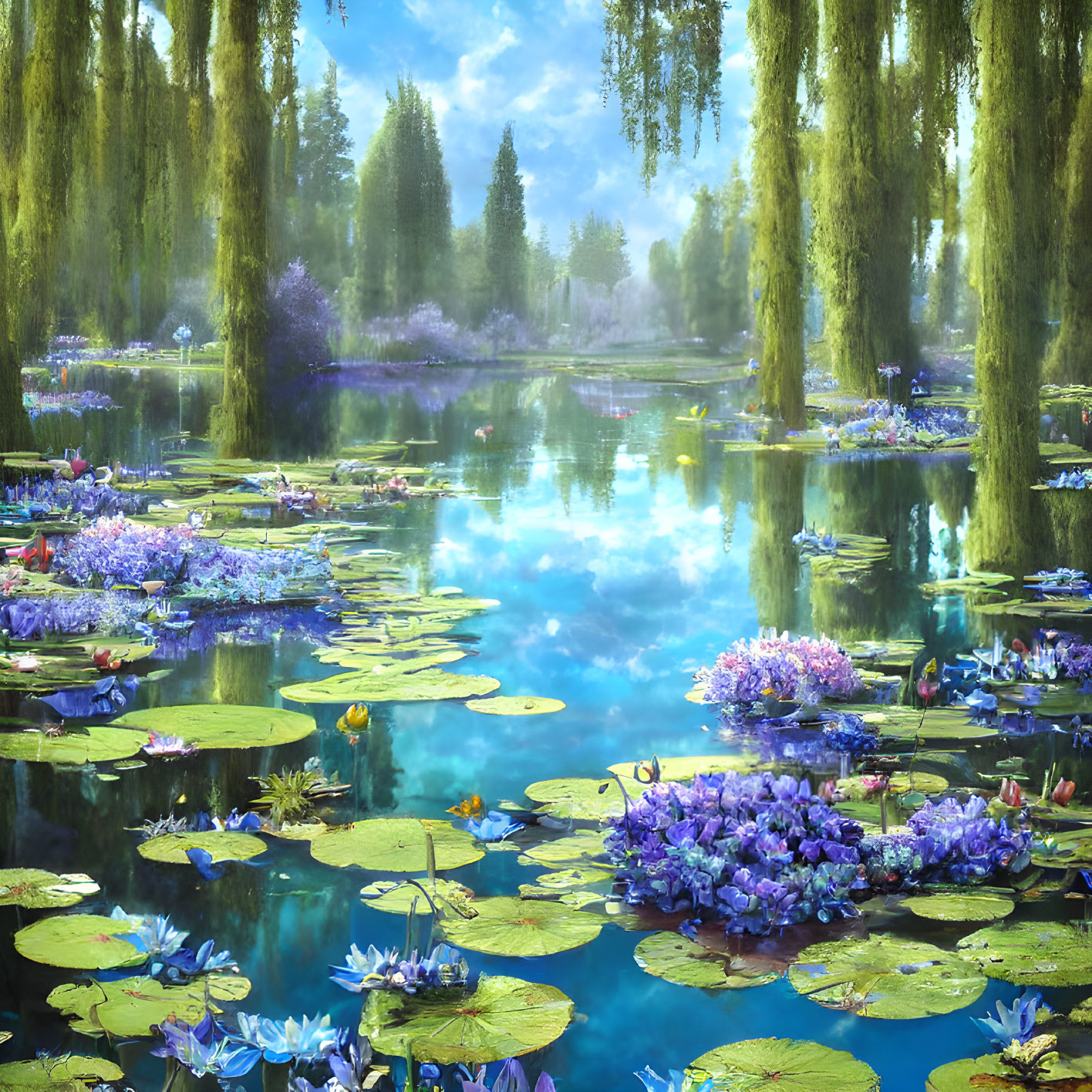 Tranquil pond with water lilies and lush vegetation under clear blue sky