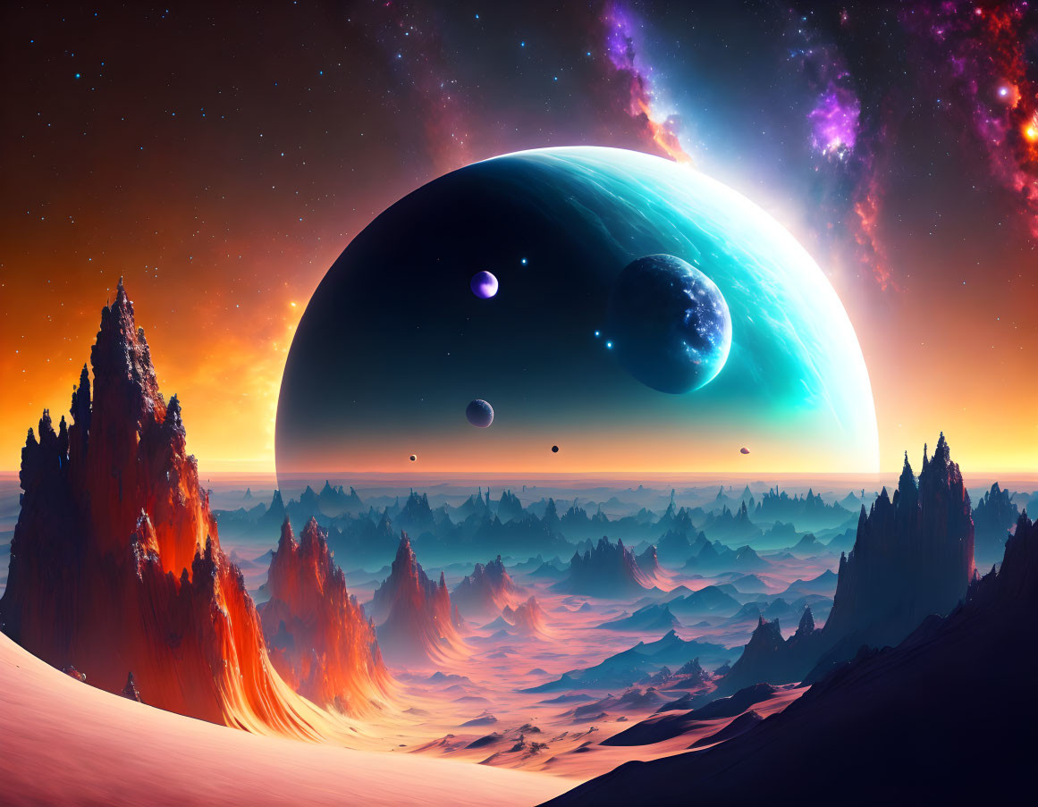 Colorful Sci-Fi Landscape with Mountains, Ringed Planet, Moons, and Stars