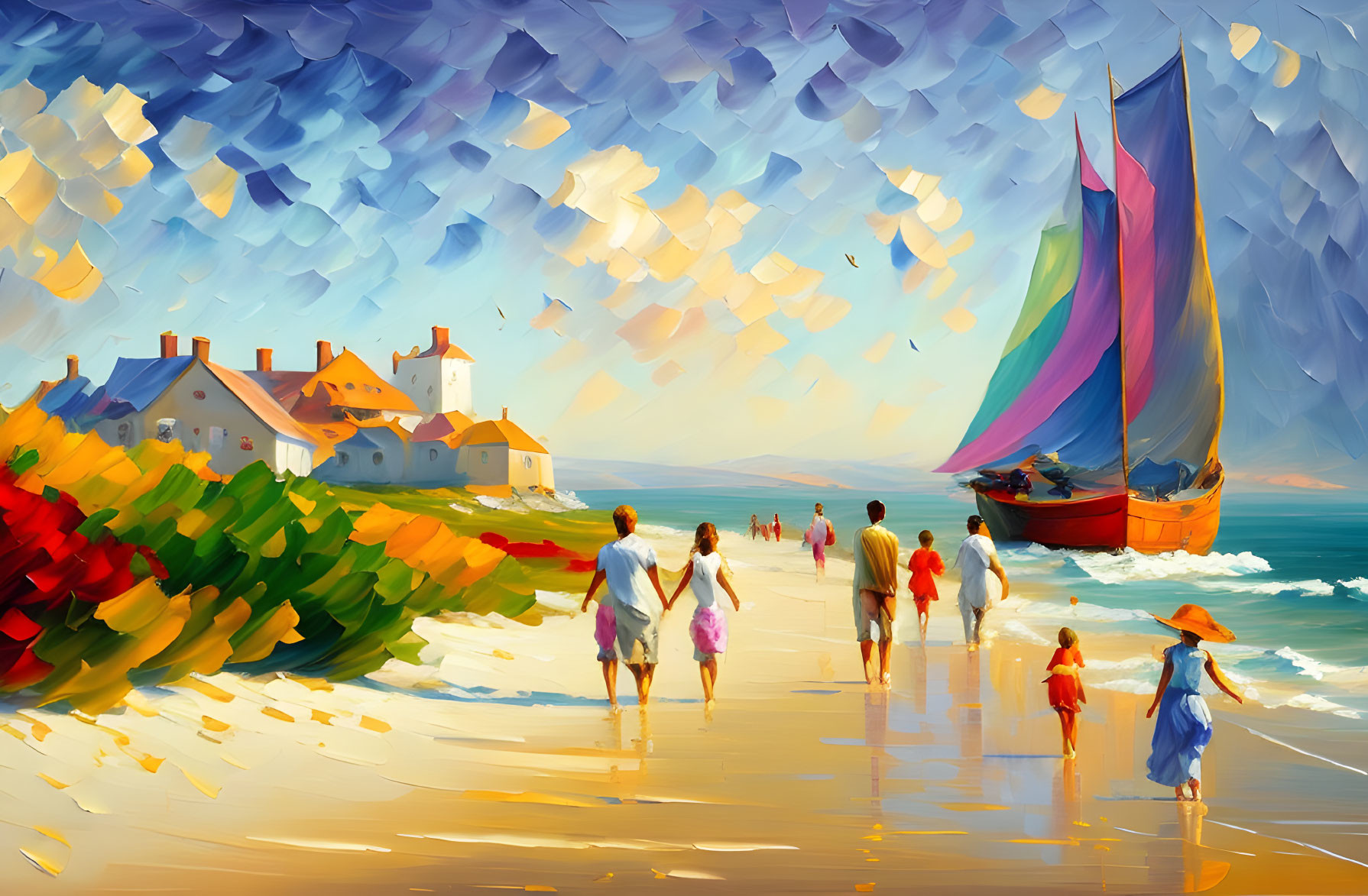 Colorful beach scene with people, lighthouse, sailboat, and birds