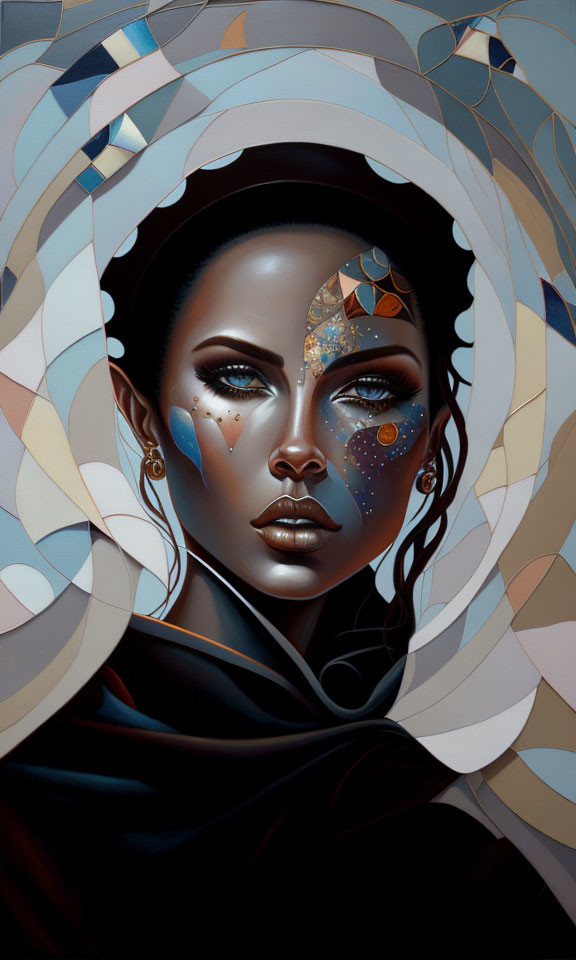 Dark-Skinned Woman Portrait with Cosmic Patterns and Abstract Background