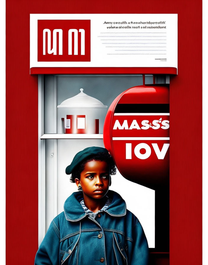 Stylized red magazine cover: child in beret by mailbox.