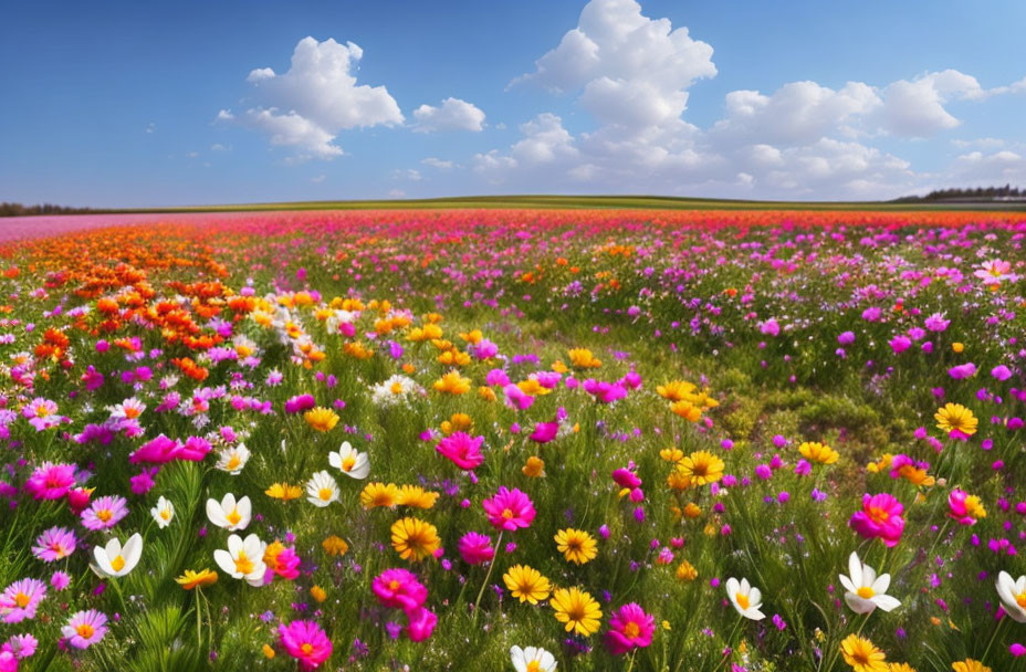 Colorful Wildflowers Field Under Blue Sky with Fluffy Clouds