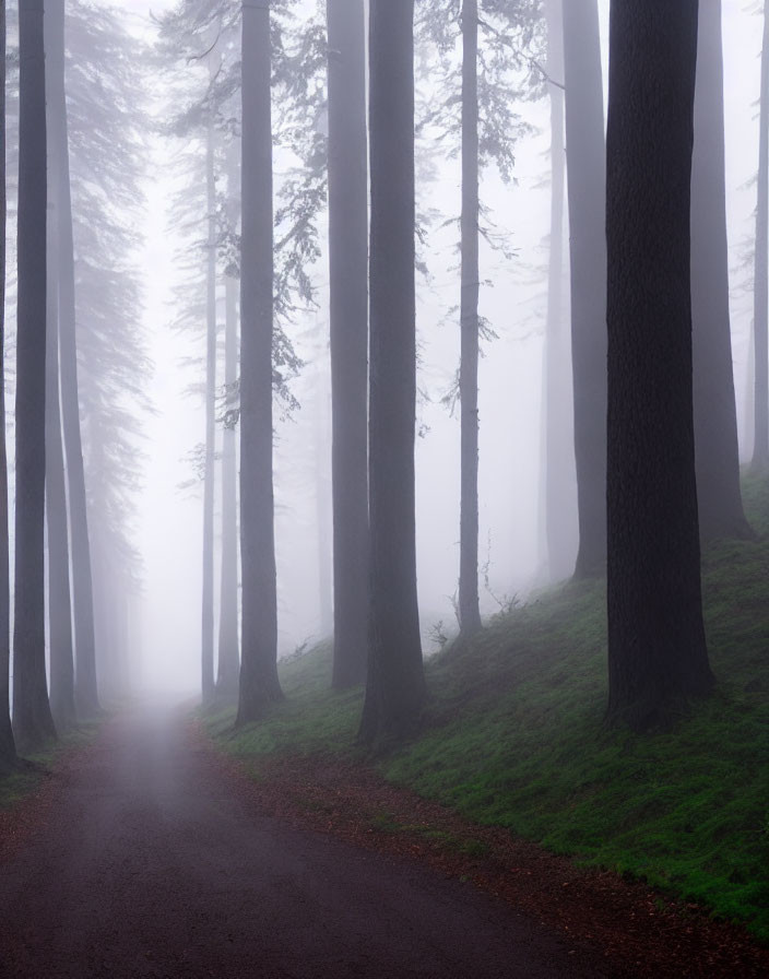 Misty forest scene with path, tall trees, and green grass