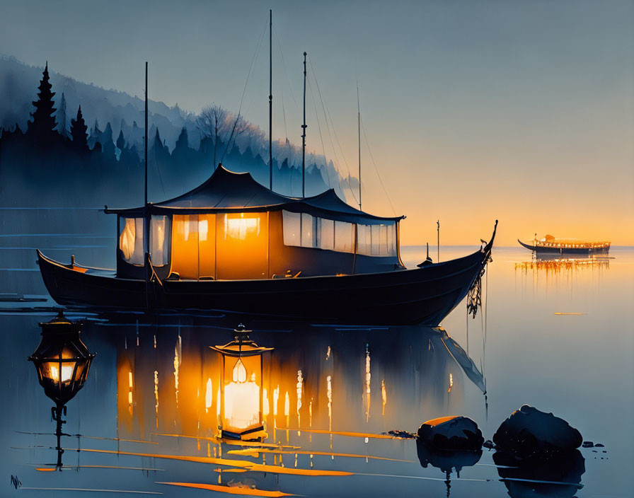 Twilight scene: illuminated boats, forest silhouette, hanging lanterns reflected on water