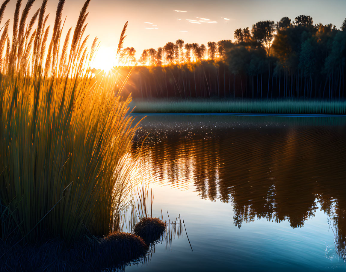 Tranquil lake at sunset with tree reflections and tall grass