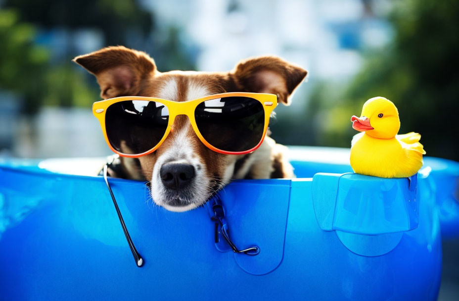 Brown and White Dog with Sunglasses in Blue Kiddie Pool with Yellow Rubber Duck