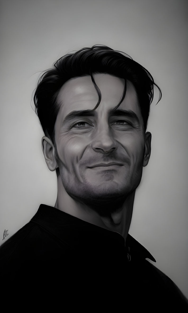 Monochrome digital portrait of a smiling man with dark hair and strong features