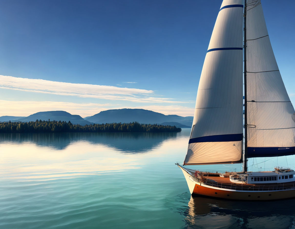 Sailboat with white sails on calm blue waters near forested coastline