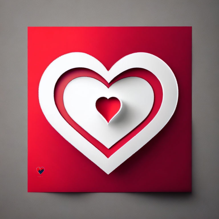 Layered white heart shapes on red background with tunnel effect.