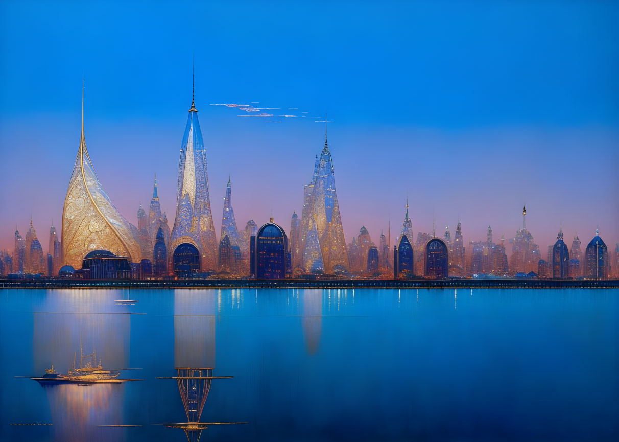 Futuristic city skyline with spire-shaped buildings at dusk