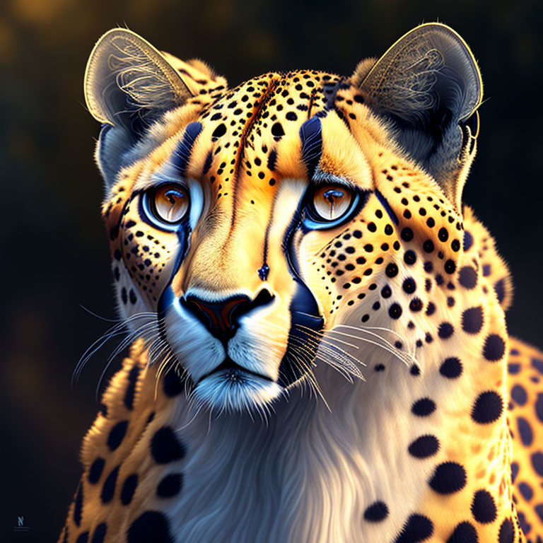 Detailed digital artwork: Vibrant cheetah face with intense eyes and spotted fur