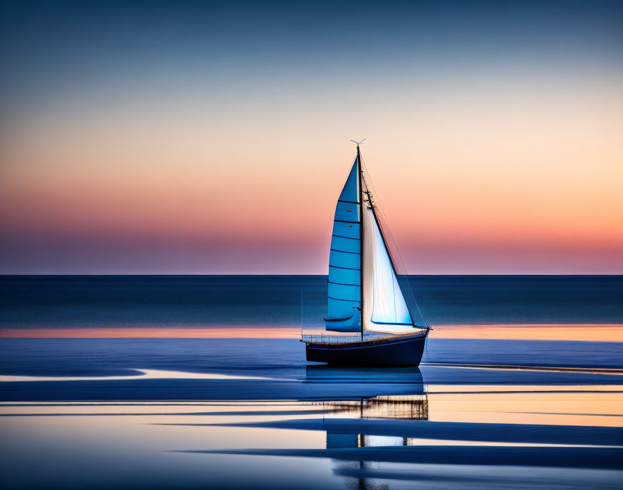 Tranquil sunset sea with sailboat and colorful sky