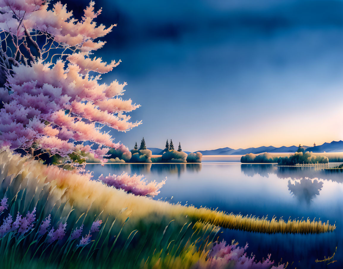 Serene lake with blooming pink trees and distant mountains