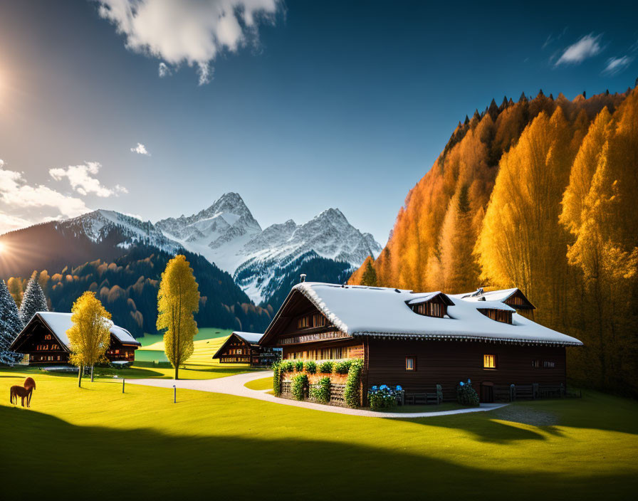 Mountain village scene with chalet, autumn trees, and snow-capped peaks at sunset