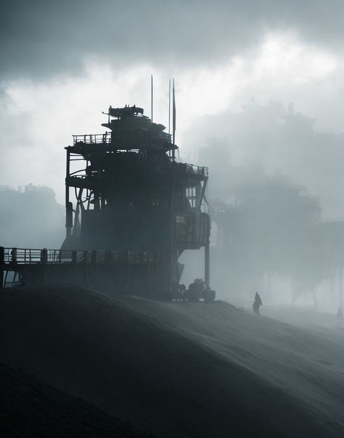 Silhouette of industrial structure with lone figure in misty backdrop