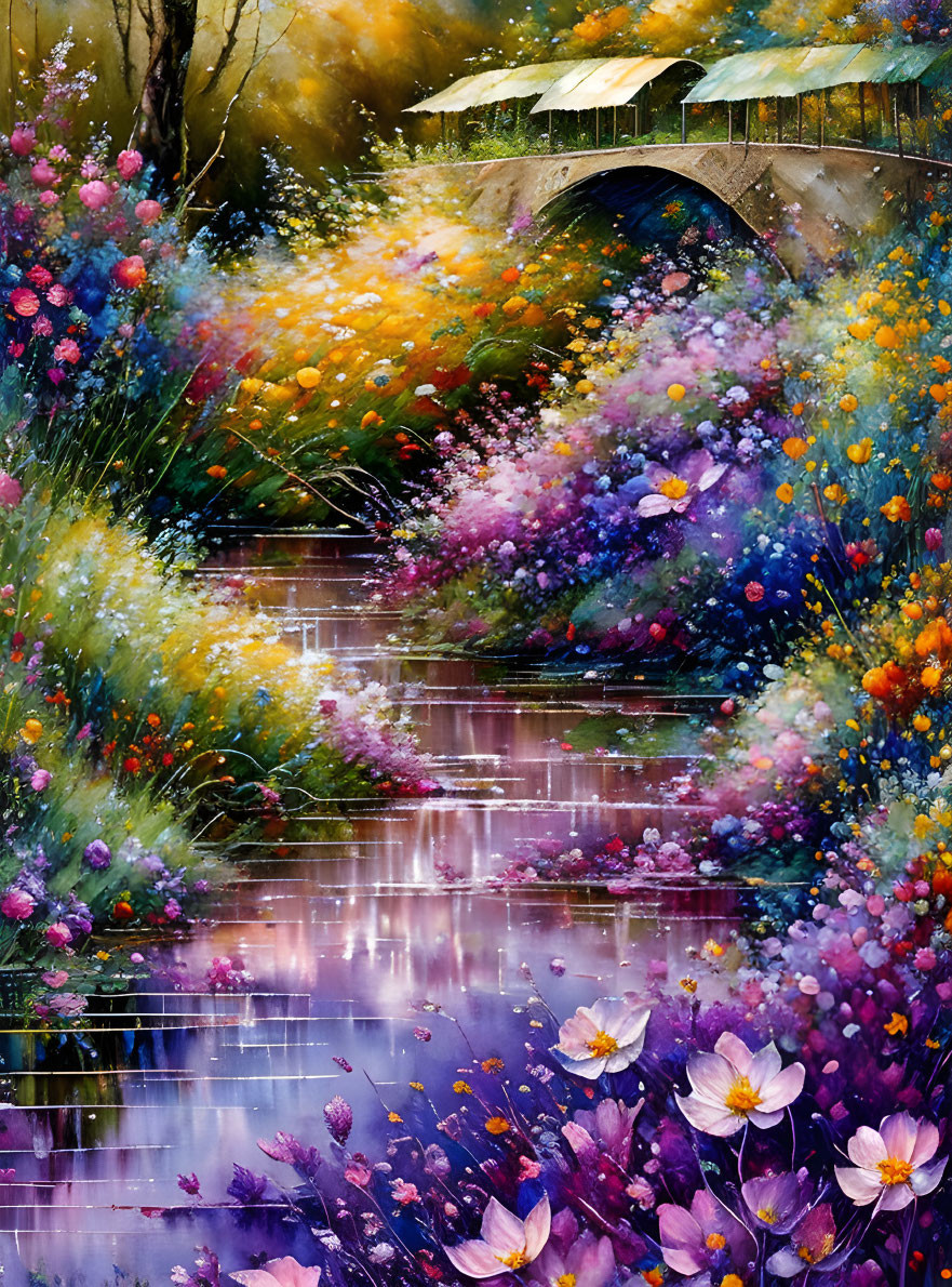 Colorful Floral Landscape with River and Bridge in Vibrant Painting