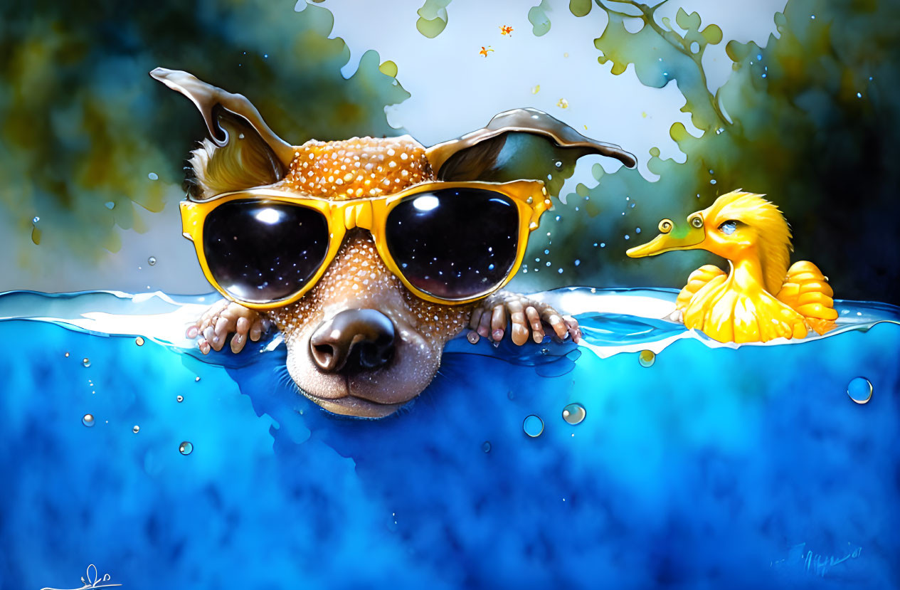 Dog with Sunglasses Peeking Over Water Surface Next to Rubber Duck