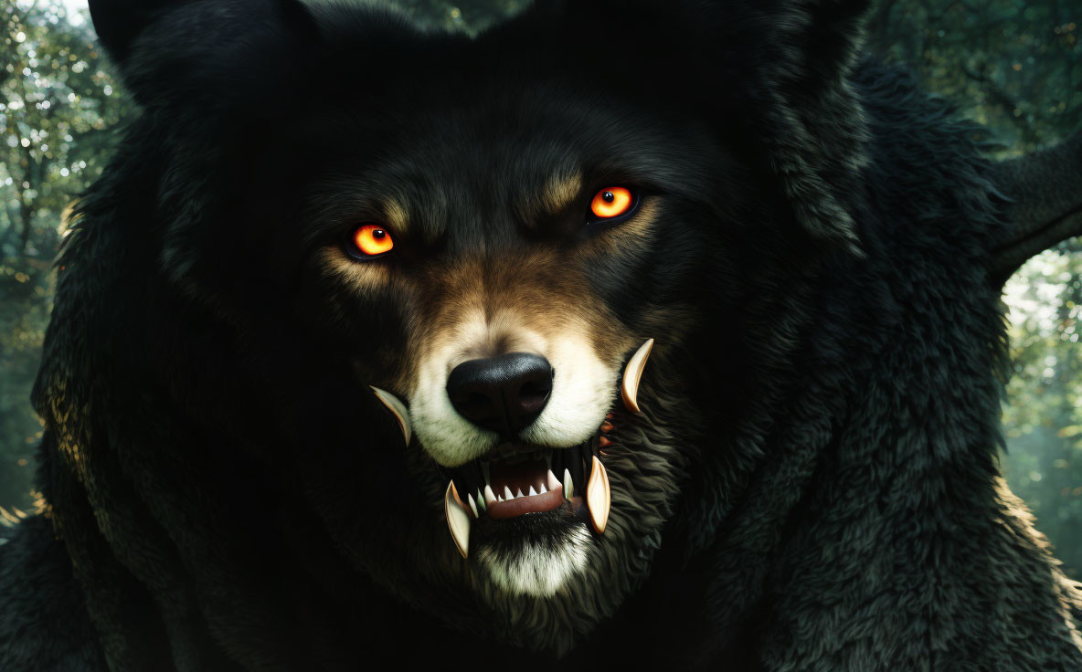 Close-up of snarling wolf with glowing eyes in shadowy forest