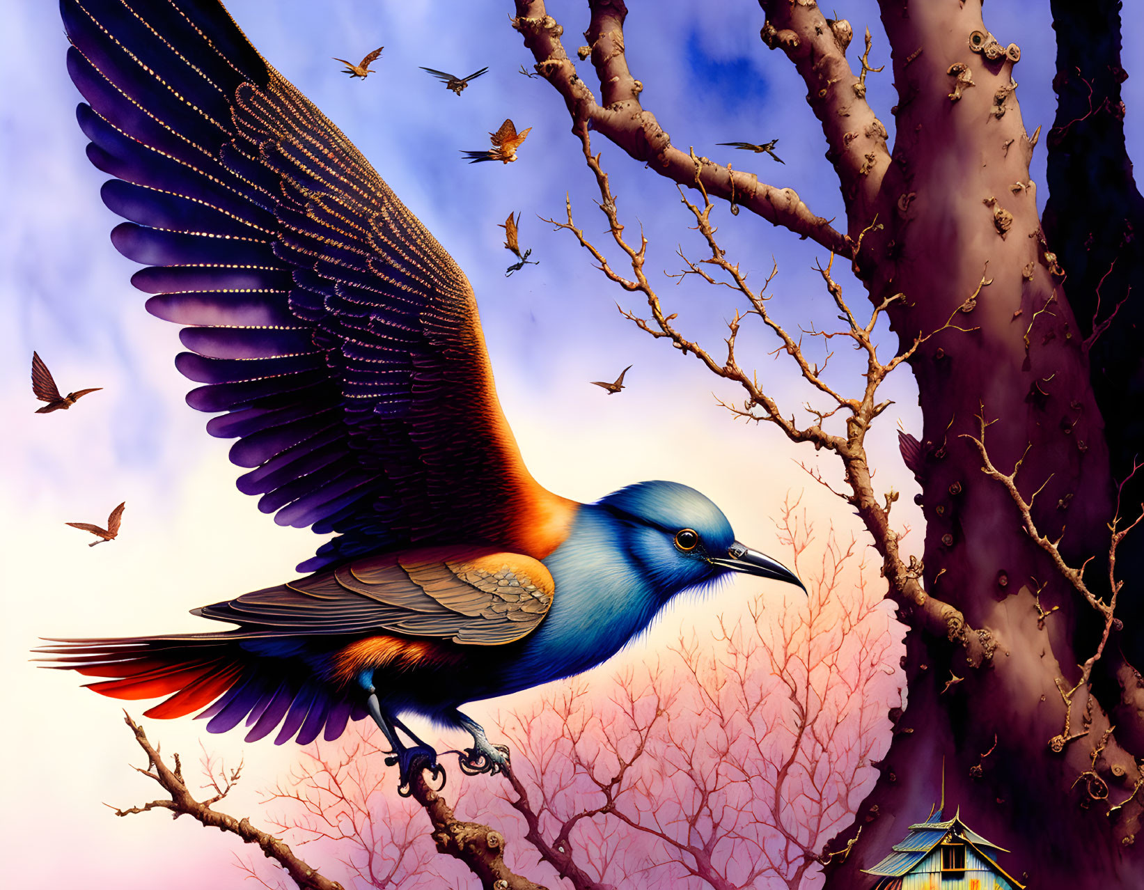 Detailed illustration of large bird in flight with smaller birds and tree against dusk sky