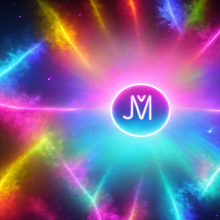 Colorful Cosmic Background with Neon Spectrum and "JM" Initials in Circle