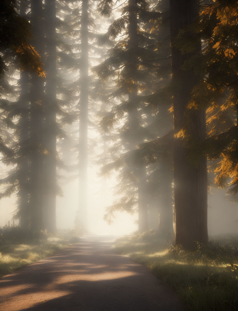 Misty forest pathway with autumn trees and sunlight glow