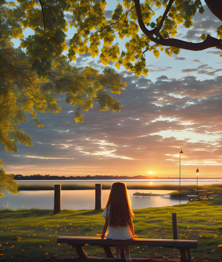 Tranquil scene of person on bench by lake at sunset