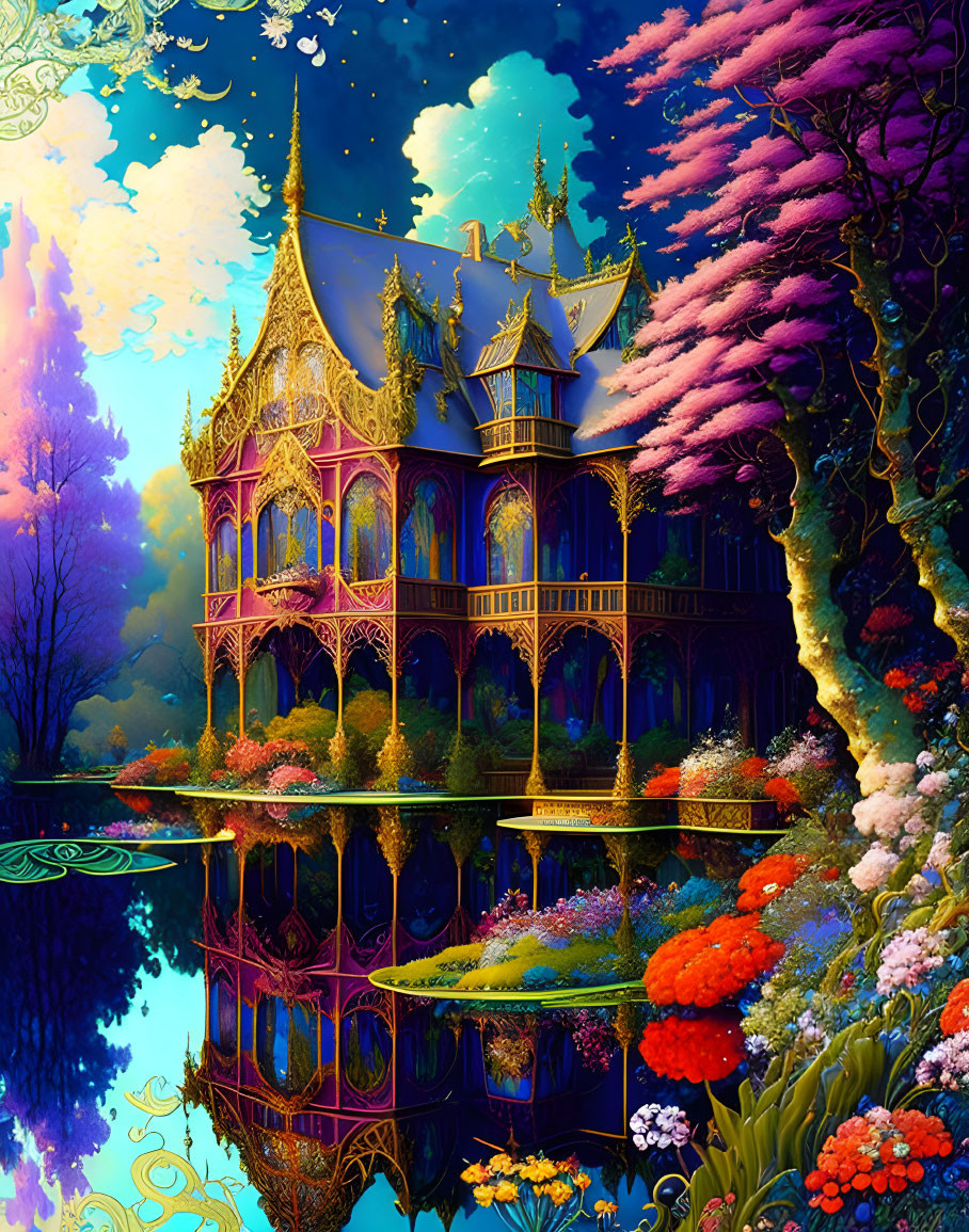 Colorful Fantasy House Surrounded by Vibrant Garden and Tranquil Water