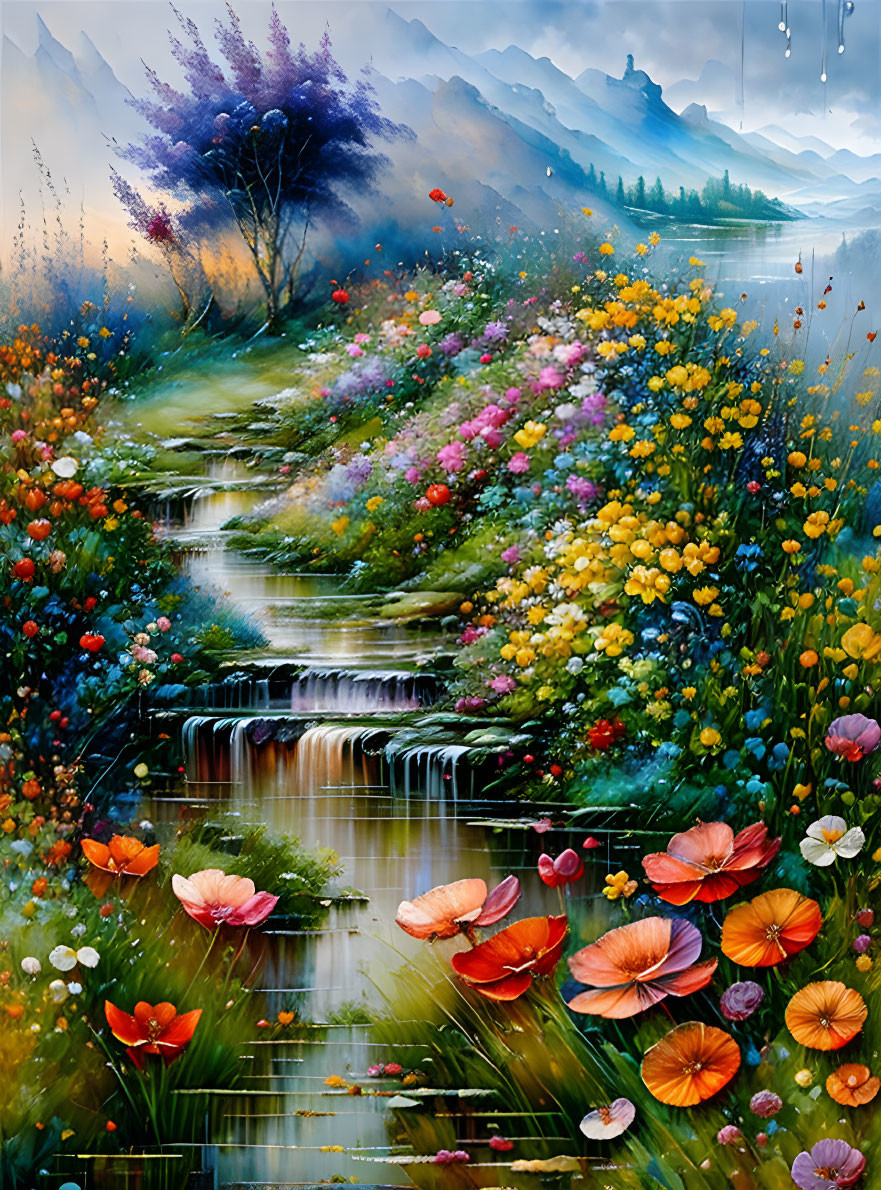 Colorful Flowery Meadow Painting with Cascading Stream & Misty Mountains