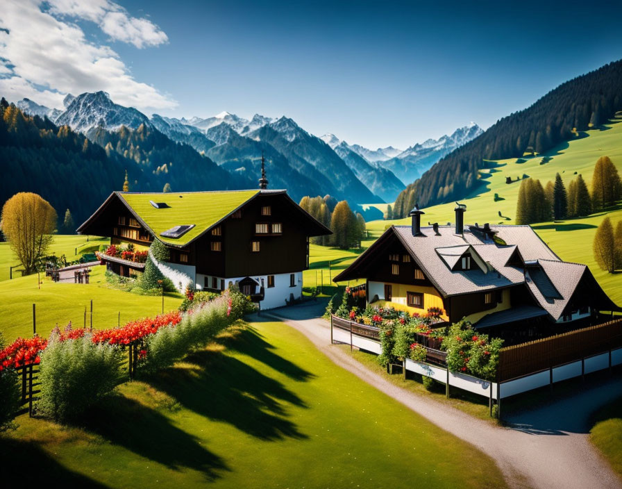 Alpine houses with flower balconies in lush green valley