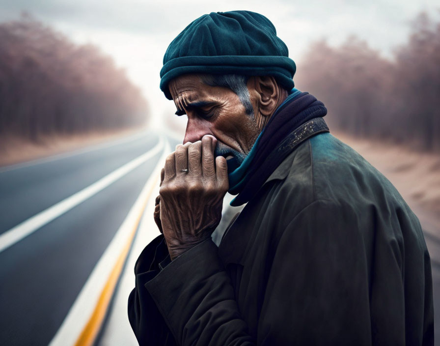 Elderly man in beret contemplates on misty autumn road