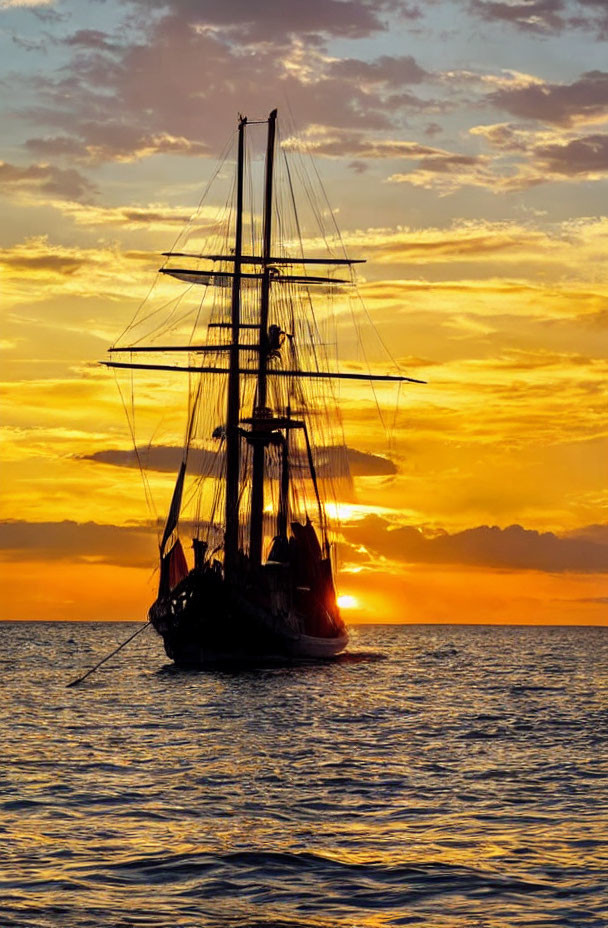 Sailboat with lowered sails against sunset over calm seas