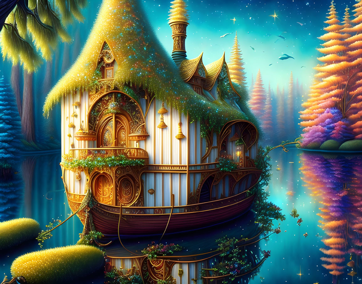 Fantasy scene: Wooden houseboat, vibrant trees, reflective water