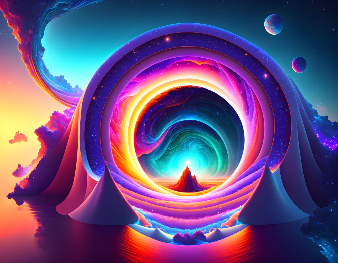 Colorful surreal cosmic swirl with nebulous clouds and celestial bodies in starry space