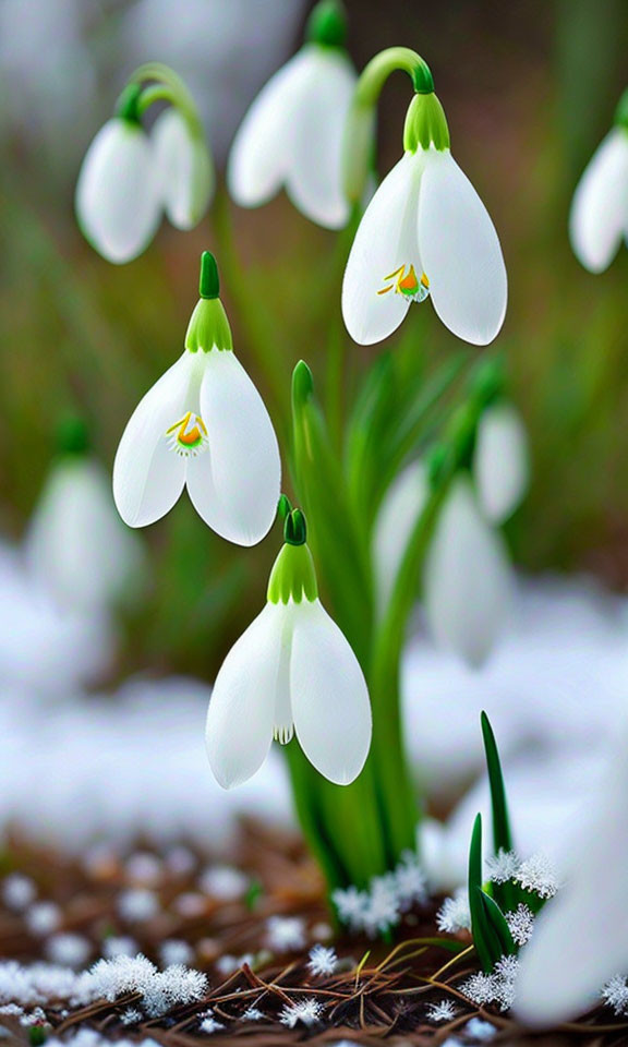 Delicate white snowdrop flowers in snowy landscape