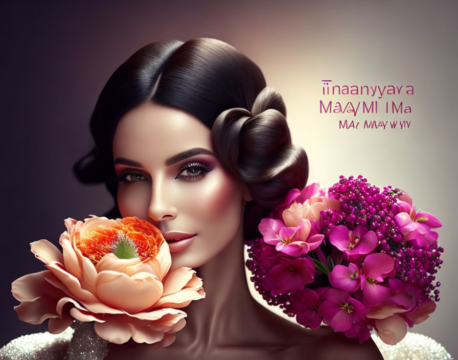 Portrait of woman with floral hairstyle and bouquet on gradient background & elegant text.