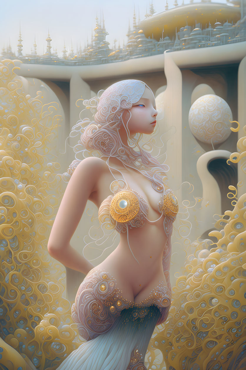 Illustration of woman with golden body art in whimsical backdrop