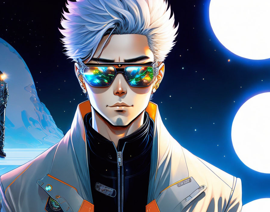 Silver-haired animated character in orange jacket with sunglasses against futuristic space backdrop.