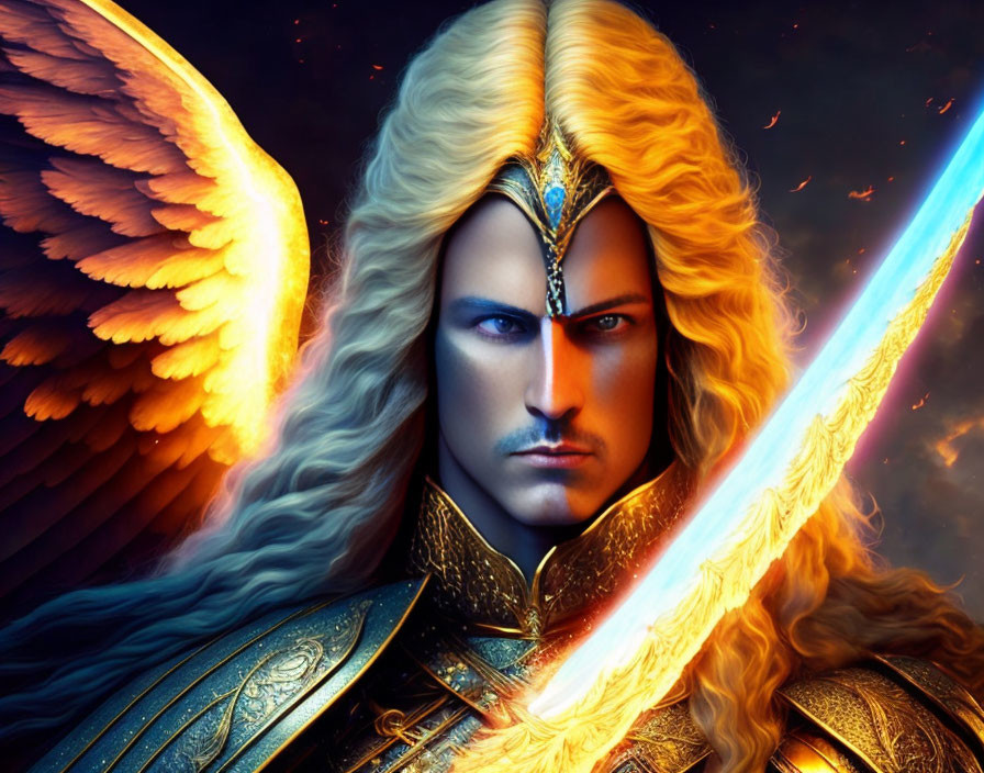 Golden-armored warrior wields glowing sword with wings in cosmic scene