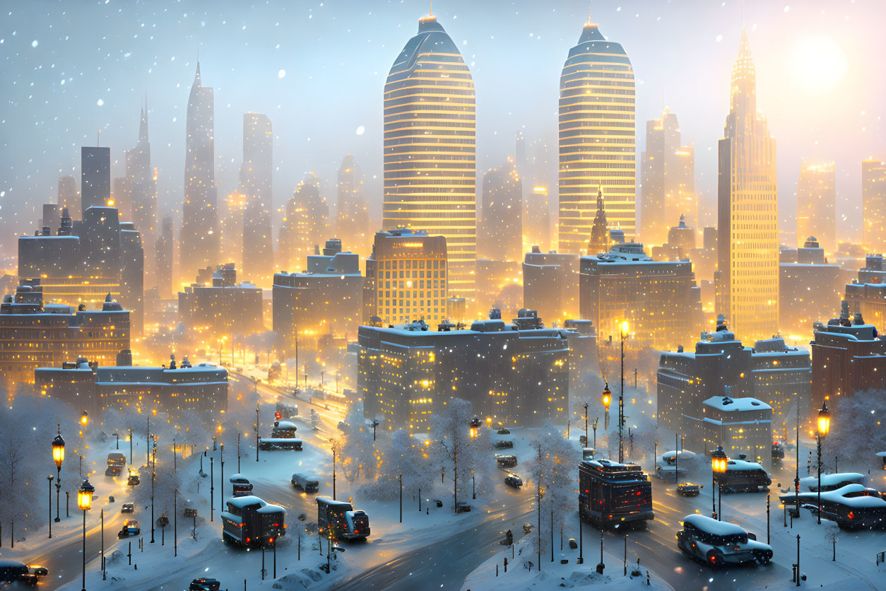 Snowy City Scene: Dusk, Skyscrapers, Traffic, Snowflakes