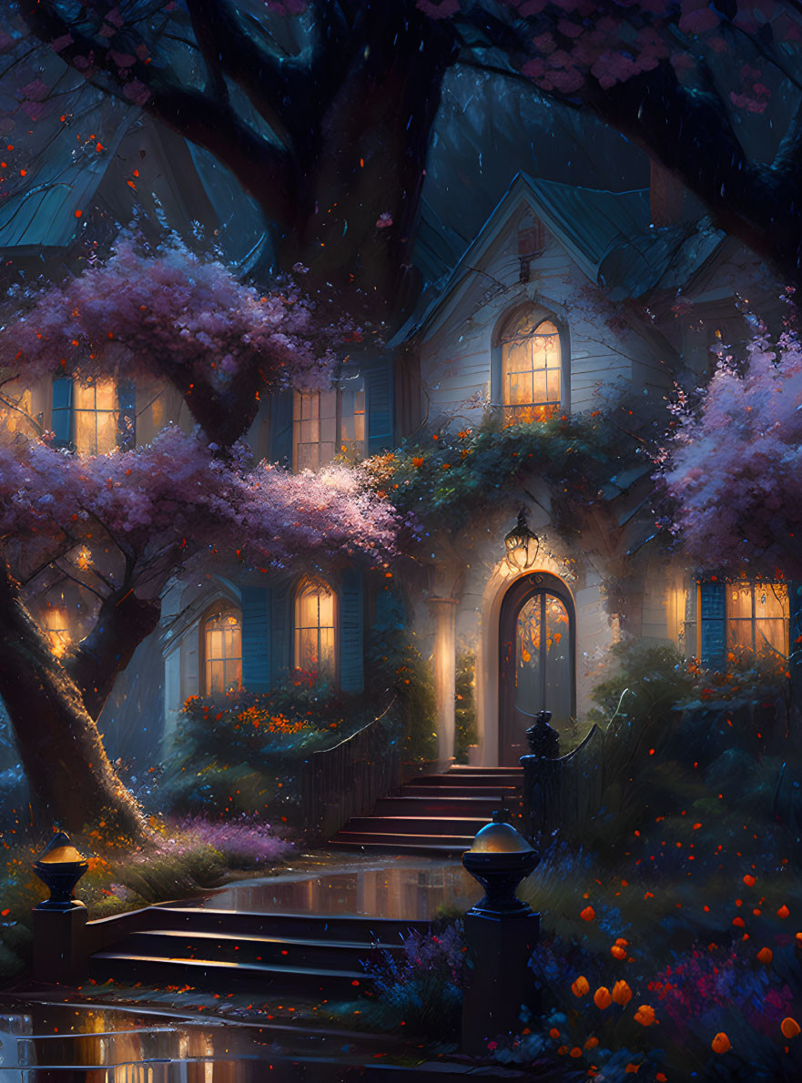 Twilight scene with blooming trees and glowing windows