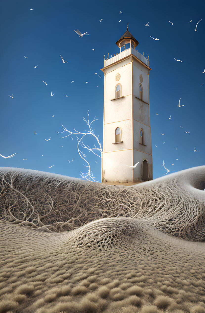 Surreal landscape with lone clock tower and rolling hills under blue sky