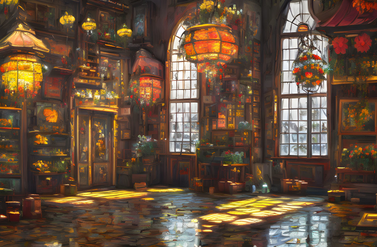 Stained-glass windows and plants in cozy, luminous interior