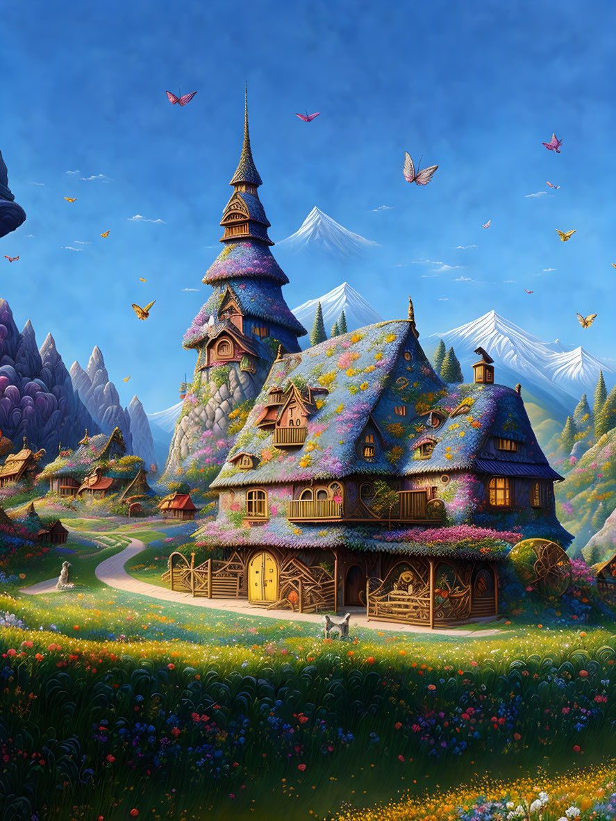 Illustration of fairytale cottage with spire, flower garden, mountains, and butterflies