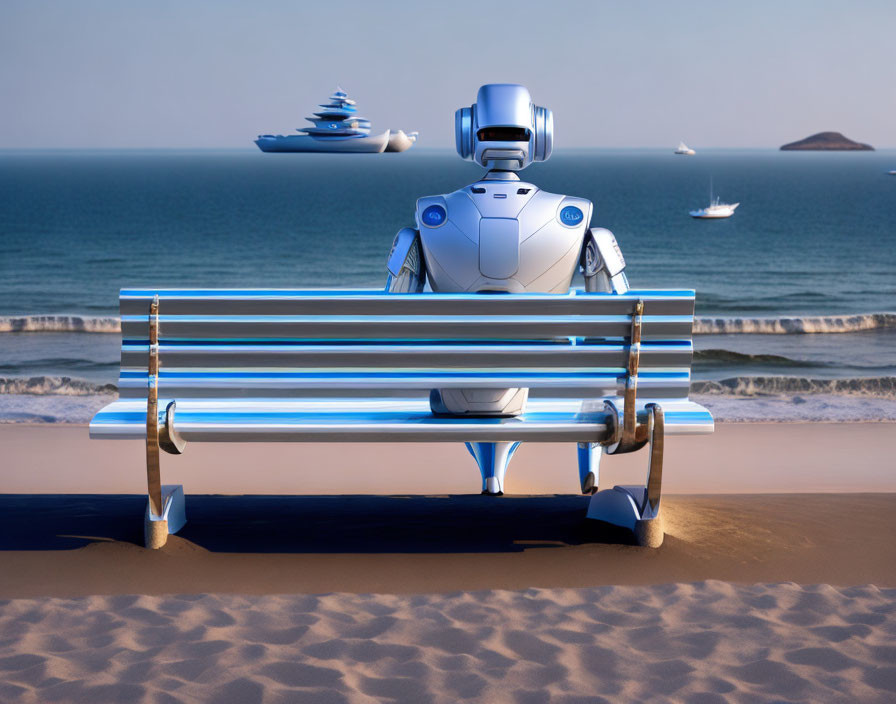 Humanoid Robot Sitting on Bench Facing Sea with Boats and Blue Sky