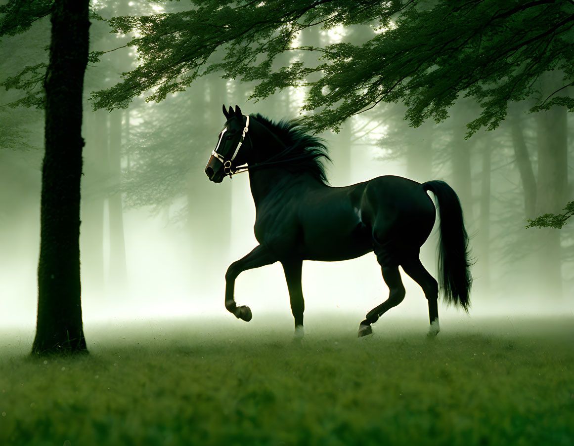 Black horse galloping in misty forest with sunlight filtering through trees